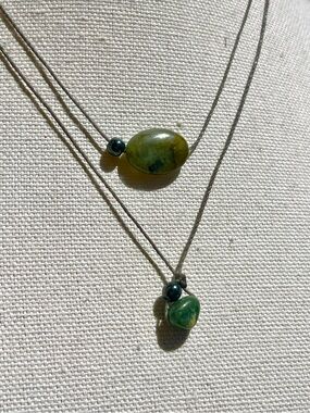Layered Green Quartz Agate Blk Hematite Pendant Grey Cord Necklace Adjustable